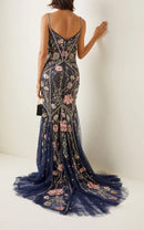 Navy blue evening gown with floral embroidery on a white background, Obroi