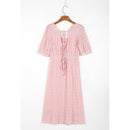 Square Neck Short Sleeve Dresses For Women Casual Elastic Waist Summer Dress Sexy V Back Tie shirred Elegant Midi Dress