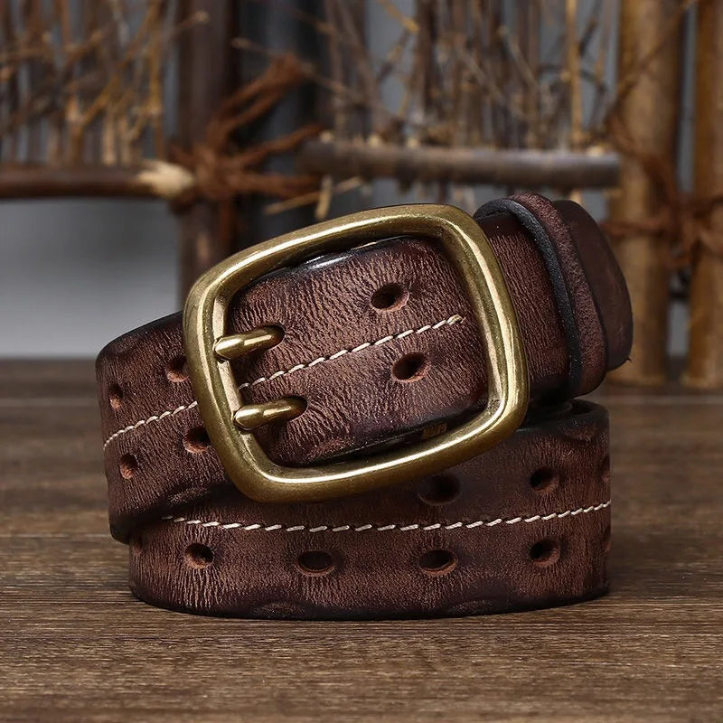 Men 3.8cm Wide Double Breasted Belt Double Prong Buckle Handmade Heavy Duty Belt Jeans Belt