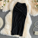 Summer Women Retro High Waist Slim Skirt Elastic Waist Drawstring Slit Skirt