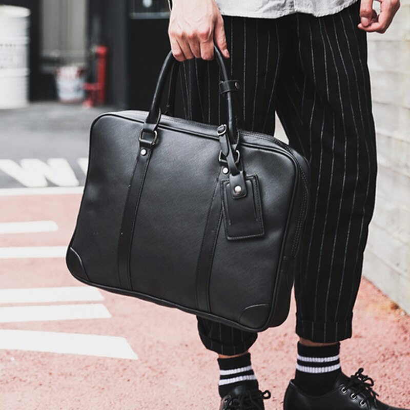 Men Business Briefcase 14 Inch Laptop Office Bag Black Leather Handbag Male Travel Big Portable Shoulder Crossbody Bag