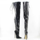 Black over-the-knee boots with high heels on a white background, featuring the Obroi brand.