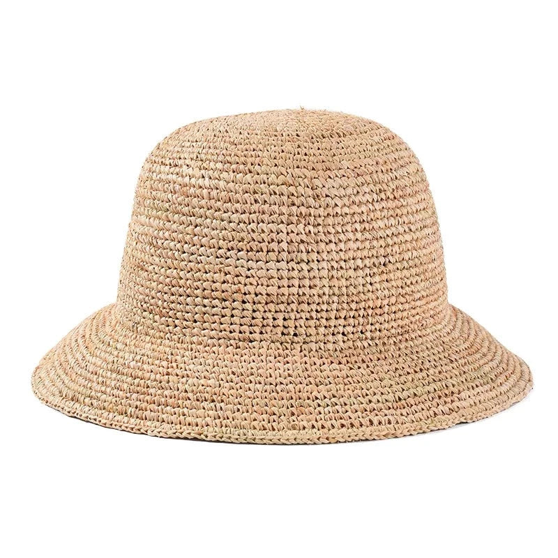 Handmade Ladies Crochet Natural Raffia Straw Bucket Hat For Spring Summer Beach Floppy Caps