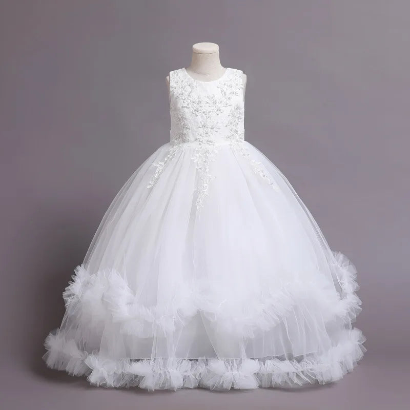 Girls dress princess flower lace long dress birthday communion Party Wedding Dress Embroidery Dress