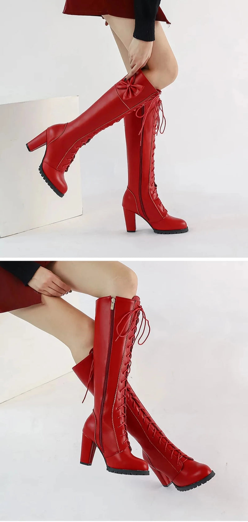 Autumn Winter Women Knee-High Motorcycle Boots Thick Heel Platform Bow-knot Female Wedding Boots