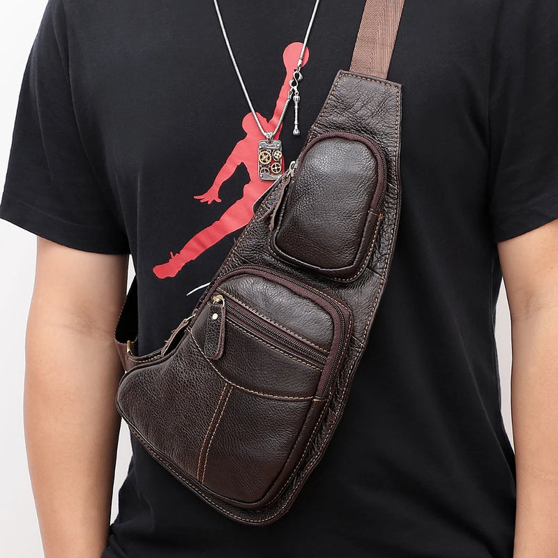 Genuine Leather Shoulder Messenger Bag Men Sling Chest Pack Multifunctional Mobile Phone Bags Daypack Crossbody Bag