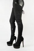 Black suede over-the-knee high-heeled boots on a white background, Obroi
