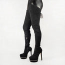 Black suede over-the-knee high-heeled boots on a white background, Obroi