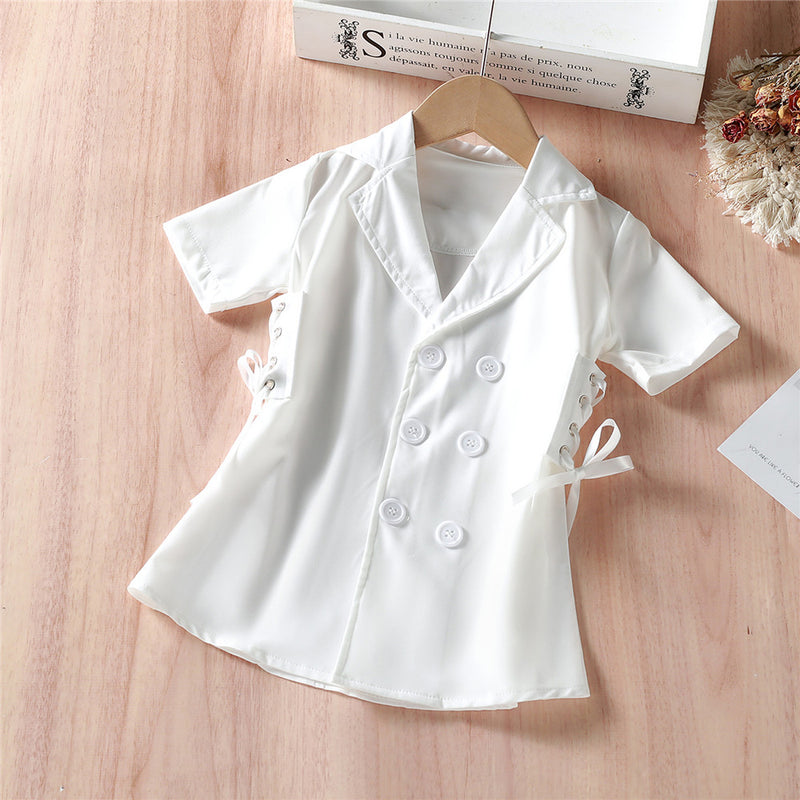 Kids Girl Dress Short Sleeve Turn-down Collar Side Lacing Dress for Casual Daily