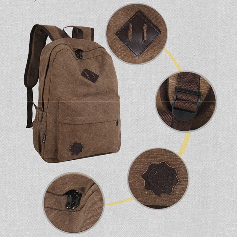 Retro Durable Canvas Backpack Men Solid College School Bag For Teenage Outdoor Capacity Camping Travel Rucksack