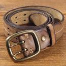 Men 3.8cm Wide Double Breasted Belt Double Prong Buckle Handmade Heavy Duty Belt Jeans Belt