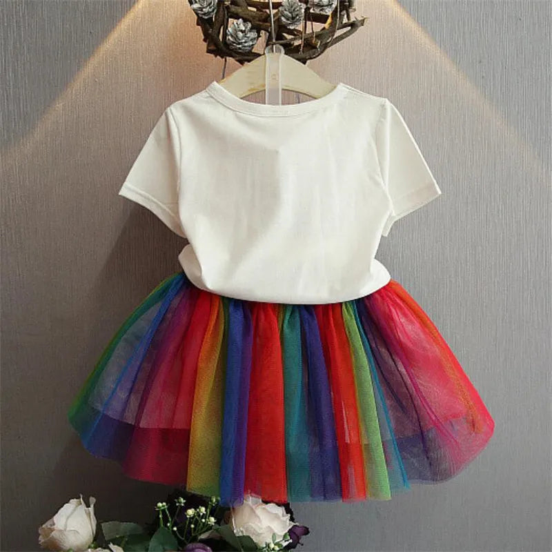 Toddler Baby Girls Summer T-shirt Rainbow Mesh Skirt Kids Outfits 2PCS Suit Adorable Infant