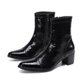 Black patent leather ankle boots with a crocodile texture on a white background, featuring the brand 'Obroi'.
