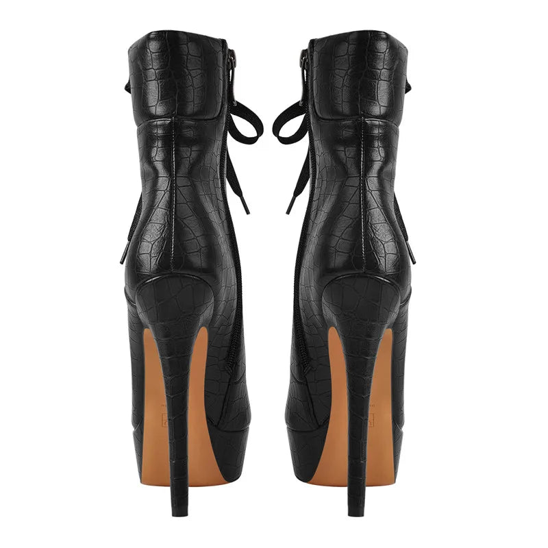 Women Black Ankle Boots For Woman Lace Up Side Zipper Booties