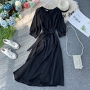 Women Casual Long Robe Summer V Neck Sexy With Belt Bandage Dresses Ladies Vintage Korean Green Dress