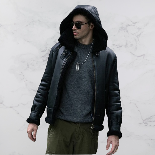 Shearling Jacket Mens Detachable Hooded Bomber Jacket Men Shearling Fur Coat