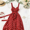 Women Vintage Dot Dress Summer Sleeveless Spaghetti Red A-line Dresses Ladies Beach Long Robe