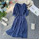Women Casual Long Robe Summer V Neck Sexy With Belt Bandage Dresses Ladies Vintage Korean Green Dress