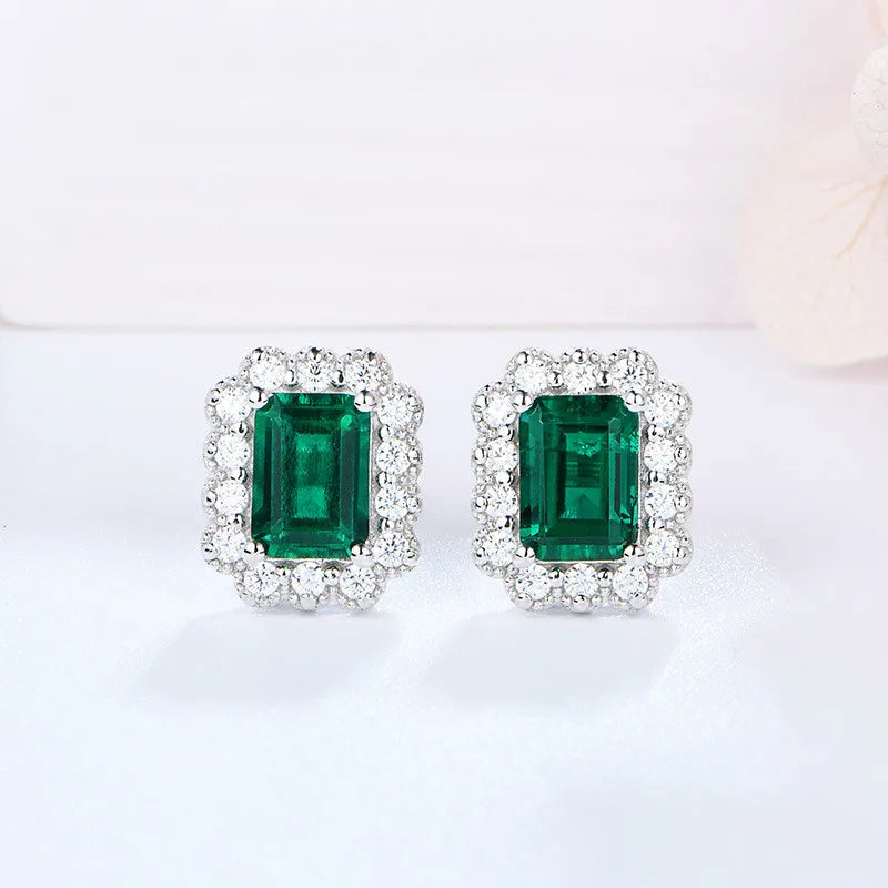 Sterling Silver rhodium plating Octagon Cut Emerald Zircon Diamonds Gemstone Stud Earrings Fine Jewellery