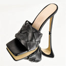 Women's Square Toe Black Thin High Heels Slip On Sandals