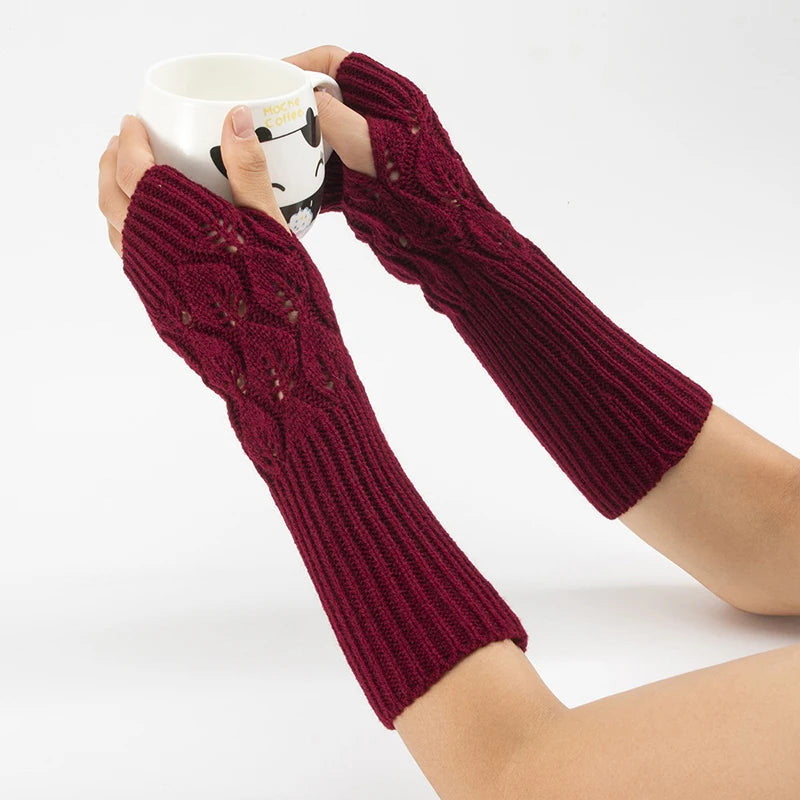 Half Finger Knitted Gloves Female Jacquard Leaves Fingerless Knitting Gloves Writing Warm Arm Sleeve