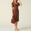 Summer Dress Polka Dot Vintage Elegant Midi Dress Round Neck Short Sleeve Buttoned Waist Slim Dresses For Women Clothes