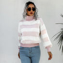 Vintage Pullover Women Striped Sweater Autumn and Winter Turtleneck Sweater Knitted Jumper Lantern Long Sleeve Casual Top