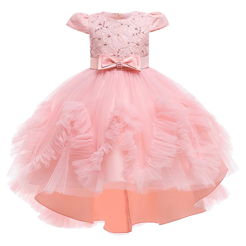 Flower Girl Dress lace embroidered fluffy tuxedo girl Princess bow birthday communion beaded dress