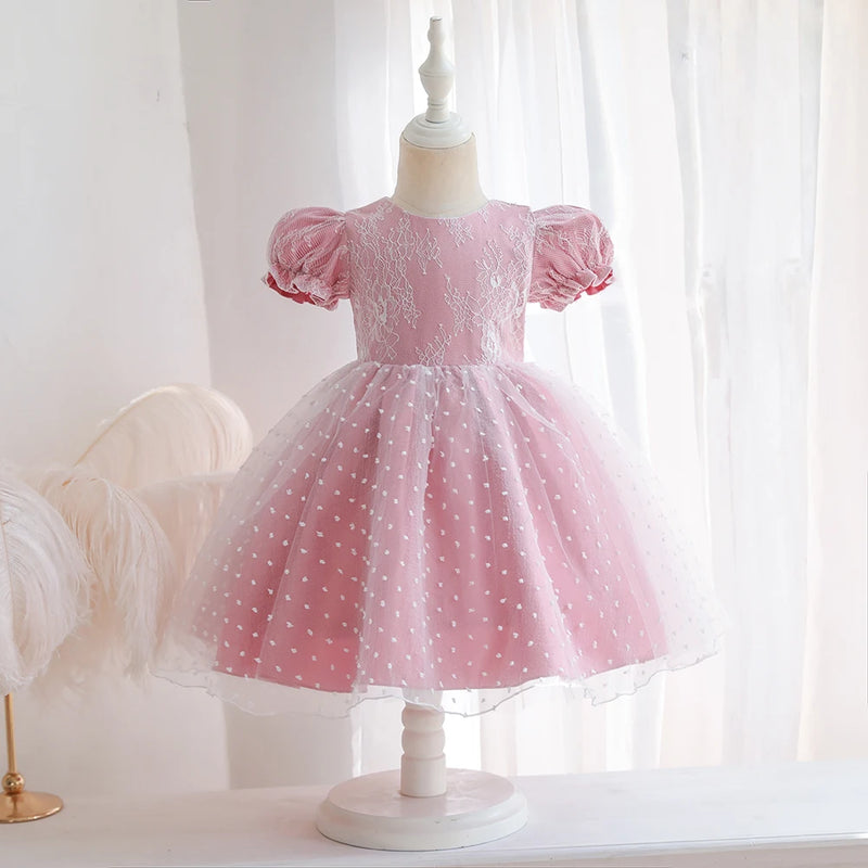 Princess Lace Dots Puff Sleeve Cute Summer Baby Girl Dress Birthday Party