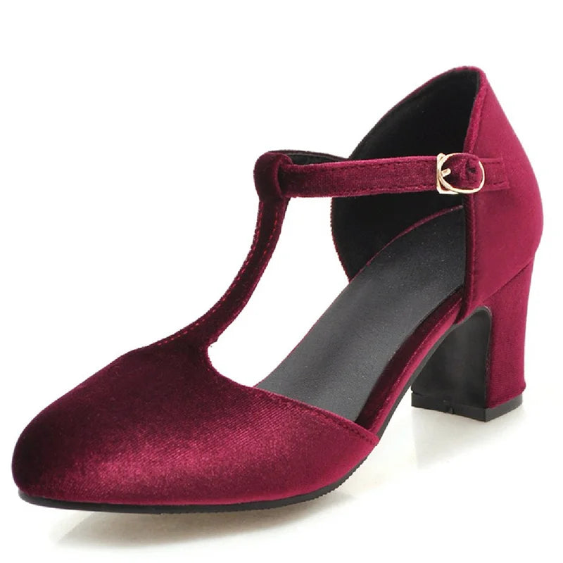 Women Pumps Velvet Mary Janes Shoes Red Green Heeled Party Wedding Office Shoes Ladies