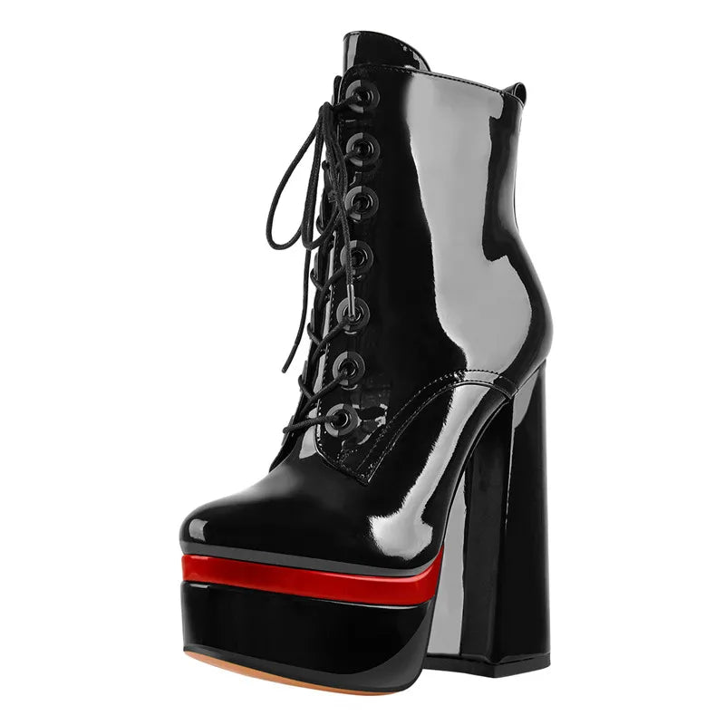 Women Round Toe Platform Lace Up High Heel  Black Ankle Boots For Winter
