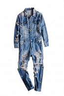 Denim jumpsuit with distressed details on a white background, Obroi