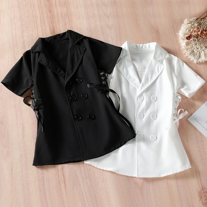 Kids Girl Dress Short Sleeve Turn-down Collar Side Lacing Dress for Casual Daily