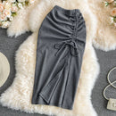 Summer Women Retro High Waist Slim Skirt Elastic Waist Drawstring Slit Skirt