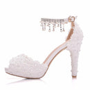 Women Lace Platform Sandals High Heels Waterproof Female White Wedding Shoes Pointed Toe Peep