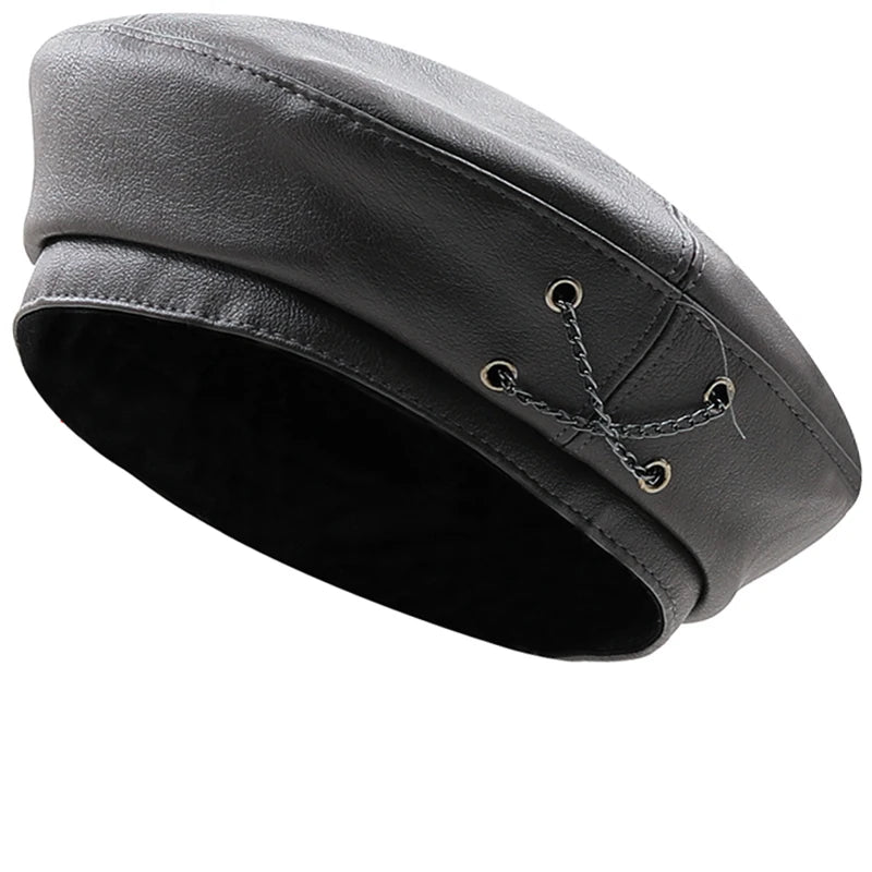 Leather buckle leather Beret women autumn and winter easy match flat top cap
