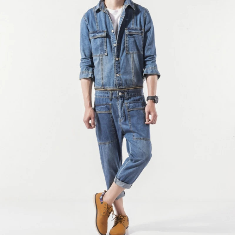Casual Denim Overalls Men Spring Autumn Slim Jean Jacket and Pants Jumpsuit