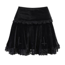 Goth Cross Black Skirt Vintage Lace Trim Mini Skirt Gothic Grunge High Waist Ruffle Summer Skirt Women