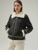 Women Shearling Jacket Black Leather Jacket Short Fur Coat Thicken Winter Jacket Wool Coat
