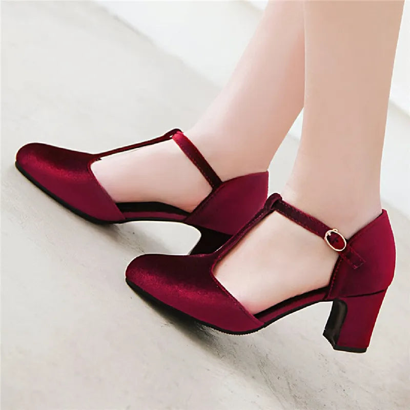 Women Pumps Velvet Mary Janes Shoes Red Green Heeled Party Wedding Office Shoes Ladies