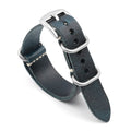 Gray leather watch strap with silver buckle on a white background, Obroi