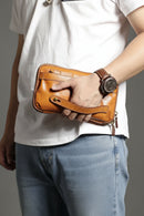Top quality handmade retro natural vegetable tanned cowhide brass zipper long multi-function large-capacity men's clutch wallet