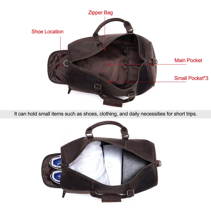 Genuine Leather Large Duffel Bag Business Men's Travel Bag Crazy Horse Leather Retro Travel Bag Male Weekend Duffel Bag