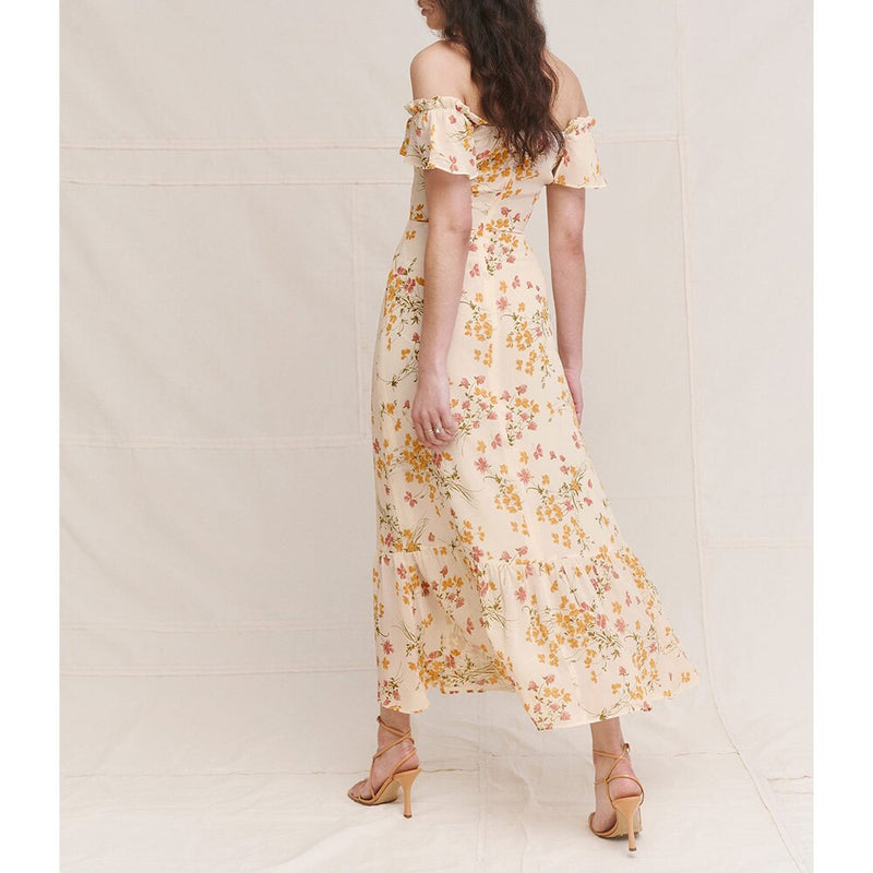 Sexy Off Shoulder Dress Summer Women Party Elegant Vintage Beach Dress Ruffle Short Sleeve Ruffle Hem Floral Chiffon Midi Dress