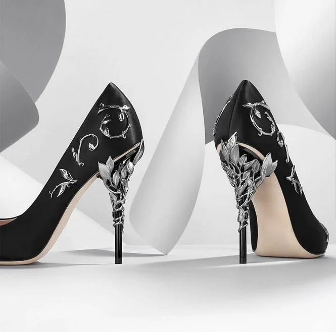Bride Silver Metal Leaves Decor Pumps Women Shoes Pointed Toe Banquet Dress Shoes
