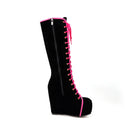 Black knee-high boot with pink laces on a white background, Obroi
