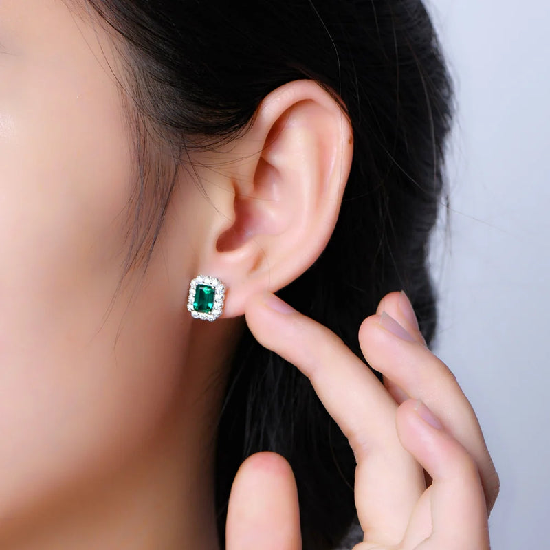 Sterling Silver rhodium plating Octagon Cut Emerald Zircon Diamonds Gemstone Stud Earrings Fine Jewellery