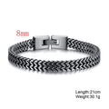 Silver braided bracelet with a clasp on a white background, showing dimensions and weight, Obroi