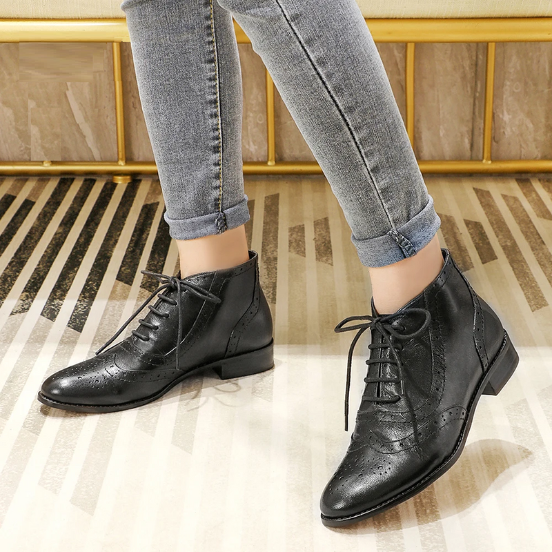 Women Genuine Leather Brogue Boots and Booties Oxford Shoes