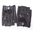 Pair of black leather gloves with fingerless design on a white background, Obroi